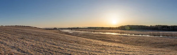 Weites Sonnenaufgangspanorama Über Wiesen Und Das Naturreservat Hornborga See Bei — Stockfoto