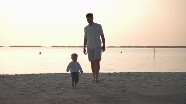 Toddler Boy Walking His Father Tropical Island Beach Sunset Ocean — Vídeo de Stock