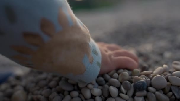 Hand Toddler Grabs Pebbles Lying Beach Blurred Background Little Boy — Stok Video