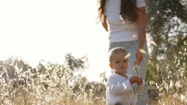 Little blond boy holds chamomile wild flower standing near mother in dry meadow grass. Woman and toddler enjoys sunny weather at rural site slow motion
