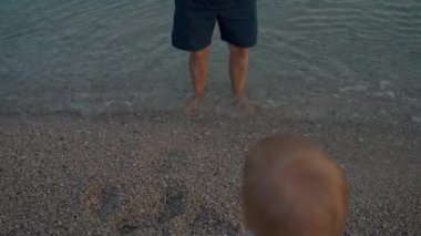 Toddler walks on pebbles to father standing in shallow sea water at twilight. Man and little boy enjoy summer vacation on beach close backside close