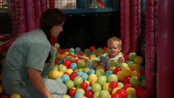 Mom Throws Colorful Balls Playing Little Son Pool Playground Children — 비디오