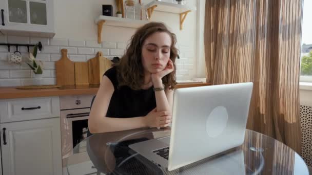 Tired Young Woman Falls Asleep While Working Laptop Kitchen Magic — Stock video