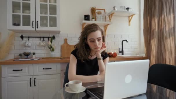 Tired Woman Listens Educational Online Courses Looking Laptop Sitting Glass — Video