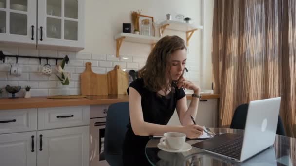 Woman Makes Notes Notepad Watching Online Lesson Laptop Young Female — Stock video