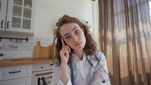 Pov Female Doctor Physician Stethoscope Looking Camera Holding Pen Temple — Stockvideo