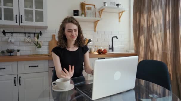 Woman Feels Discomfort Watching Scary Movie Laptop Young Lady Sits — Stockvideo