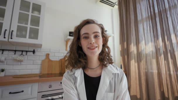 Pov Woman Recording Video Sitting Kitchen Table Countertop Home Young — Vídeos de Stock
