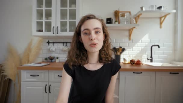 Young Woman Talks Video Call Girl Friend Drinking Tea Boyfriend — Stockvideo
