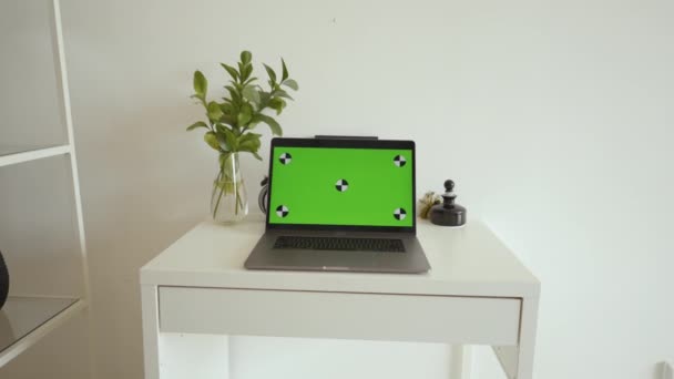 Open Laptop Chromakey Screen Stands White Desk Green Twigs Glass — 图库视频影像