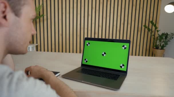 Young Employee Takes Part Online Conference Looking Screen Laptop Modern — ストック動画