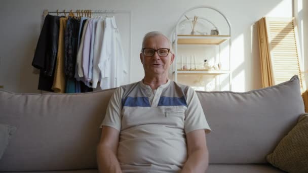 Pov Elderly Man Glasses Talking Video Call Webcam Sitting Couch — ストック動画