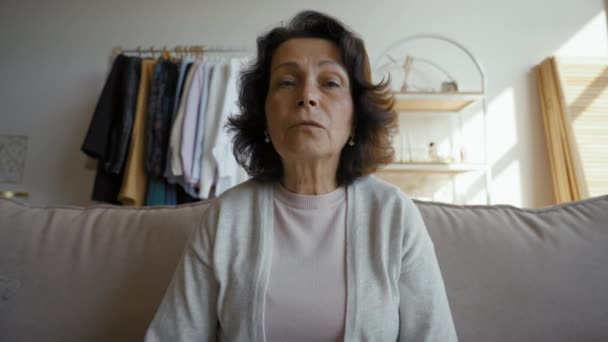 Pov Senior Woman Introducing Herself Online Job Interview Webcam Serious — Vídeo de Stock