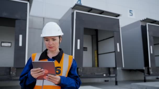 Pov Woman Uniform Looking Tablet Check Inspection Plan Open Gates — Vídeo de Stock