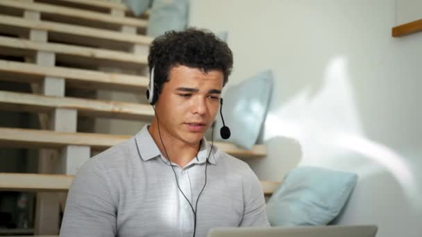 Young Man Headset Works Online Customer Support Sitting Stairs Home — Stockvideo