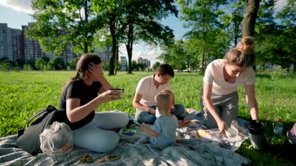 Family Members Hold Picnic City Park Relatives Sit Drinking Tea — Vídeo de Stock