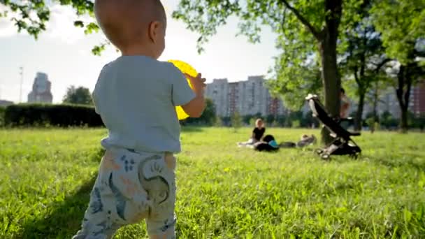 Toddler Boy Holds Ball Walking Family Back Sunlight Kid Smiles — Vídeo de Stock