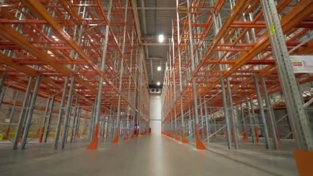 Large Storage Premise Aisle Empty Racks Bright Lamps Ceiling Shortage — Video Stock