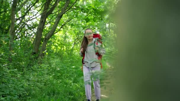 Молодая Женщина Красным Рюкзаком Гуляет Зеленом Лесу Каштановые Волосы Леди — стоковое видео