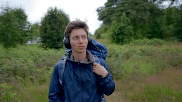 Young Man Hiker Walks Forest Alone Black Haired Tourist Wearing — Video