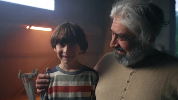 Zoom Out View Bearded Granddad Embracing Looking Happy Grandson Turning — Vídeos de Stock