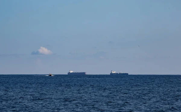 Merchant Ships Roadstead Bay City Novorossiysk Clear Sunny Day — Stock Photo, Image