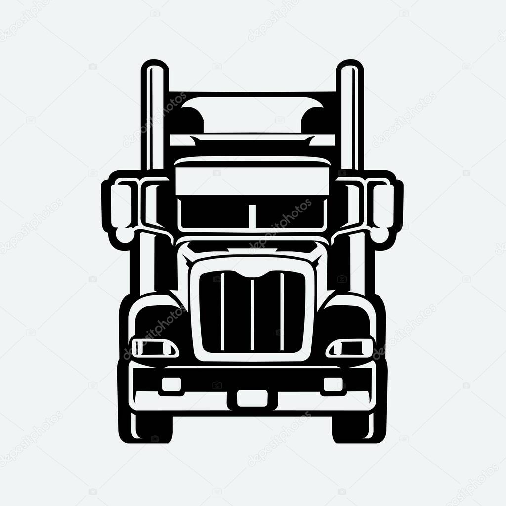 Semi truck big rig 18 wheeler front view silhouette vector in white background