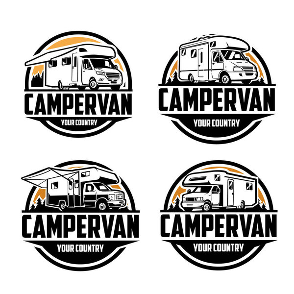Camper Van Logo Design. Ready Made Circle Emblem Logo Motorhome RV Bundle Set Template