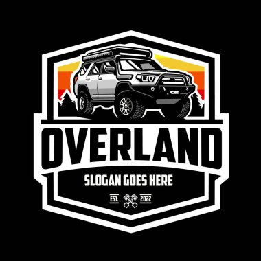 Overland Macera SUV rozet amblemi logo vektör çizimi. Açık hava sporları endüstrisi için en iyisi