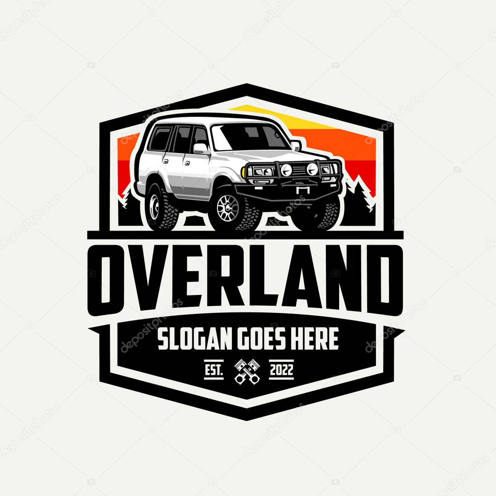 Adventure overland vehicle in outdoor badge emblem logo vector isolated