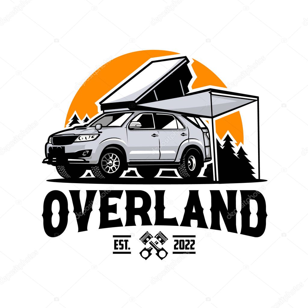 Overland Camper SUV in outdoor forest scenery vector isolated illustration