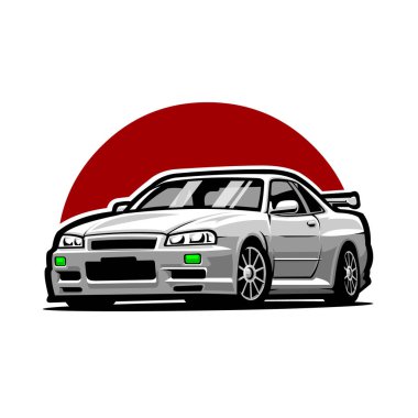 Japon JDM Sport Car Vector Illustration izole edildi. Otomotiv Tişörtü Tasarımı İçin En İyi