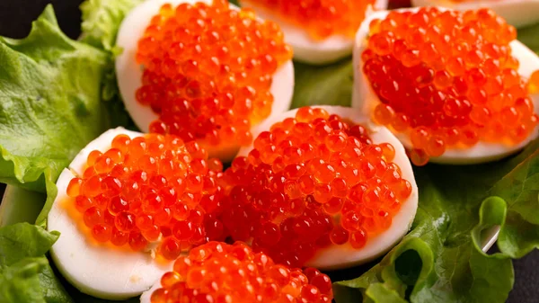 Stuffed Eggs Red Caviar Traditional Russian Snack — Stock Photo, Image