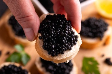 Kırsal arka planda siyah havyarlı bir dilim ekmek.