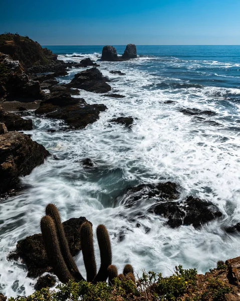 Vertikal Bild Kustlinjen Punta Lobos Stranden Med Vågorna Kraschar Mot — Stockfoto