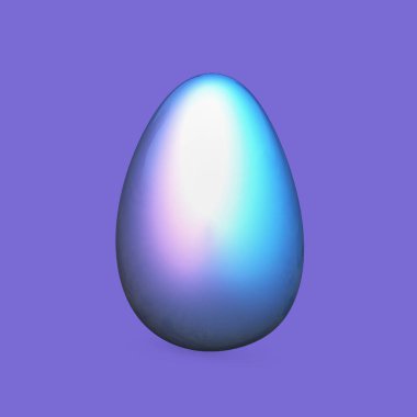 Paskalya yumurtası neon rengi mor ve mavi ışıkla aydınlatılır. Merkezi kompozisyon. Minimalis fikri. Boşluğu kopyala.