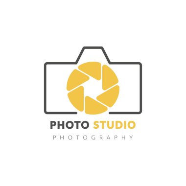Fotoğraf stüdyosunun logo şablonu. Kamera ve panjur levhası. Fotoğrafçı logosu için klasik tasarım. Vektör illüstrasyonu
