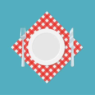 Boş tabak, çatal ve bıçak kırmızı peçete ya da bez üzerinde. Restoran ya da kafe logosu şablonu. Yemek ikonunu bekliyorum. Vektör illüstrasyonu