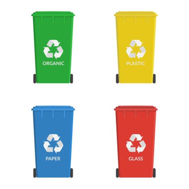 Geri dönüşüm tekeri çöp kutusu simgesi. Çöp ya da çöp kutusu. Ekoloji konsepti. Atık geri dönüşümü için konteynırlar - organik, plastik, kağıt, cam. Vektör illüstrasyonu