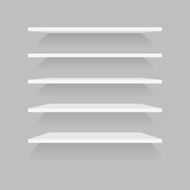 Duvarda gölgesi olan plastik raflar. Modern, dikdörtgen, yatay duvar mobilyası şablonu. Rafların simgesi. Vektör illüstrasyonu