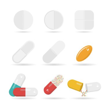 Haplar, haplar, ilaçlar ve kapsüller. Kabarcıklardaki tablet, ağrı kesiciler, antibiyotikler, vitaminler ve aspirinler. Tıbbi ve hastane ikonu. Vektör illüstrasyonu