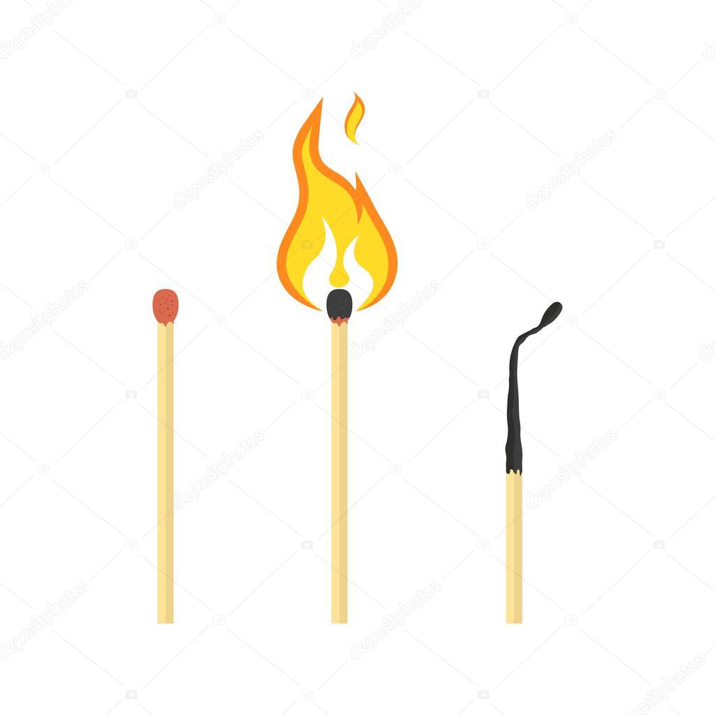 Set of matches with flame. Unsed, burning and burnt match icon. Vector illustration