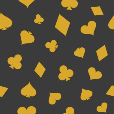 İskambil kağıtları kusursuz desenlere uyuyor. Altın semboller kartı. Kupa, maça, elmas, sinek. Poster, afiş, duvar kağıtları, web sayfası arkaplanları, yüzey dokuları için şablon tasarımı. Vektör illüstrasyonu