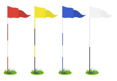 Golf bayrakları seti - kırmızı, sarı, mavi, beyaz. Çimenli delikte üçgen bayrak var. Golf ekipmanı ya da aksesuar. Spor müsabakası için şablon tasarımı. Vektör illüstrasyonu
