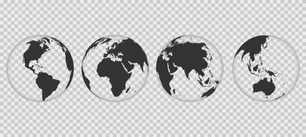 Bir dizi saydam Dünya küresi. Dünya haritası şeffaf arkaplanda izole edildi. Dünya haritası simgesi. Dünya çapında seyahat, bilgi grafikleri veya web sitesi için şablon tasarımı. Vektör illüstrasyonu