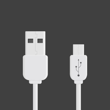 Beyaz mikro kablolar. Akıllı telefon şarj arzı ya da PC çevresel bağlantı. Kablolu mobil aygıt sembolü. Vektör illüstrasyonu