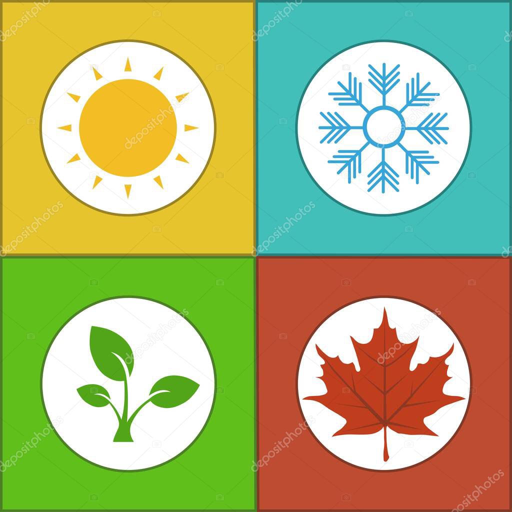 Four seasons colorful icon set. Template for computing web and app. Summer, spring, autumn, winter icons. Concept of simple season elements. Vector illustration