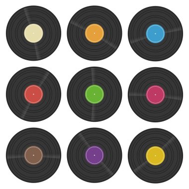 Renkli etiketli vinil, fonograf veya gramofon 33 devir rekoru. LP retro disk simgesi. Vektör illüstrasyonu