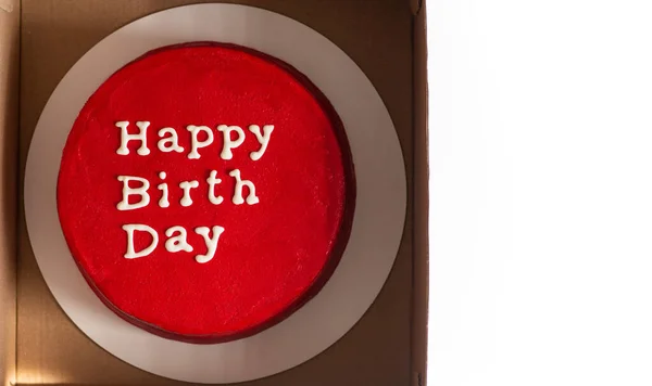 Торт День Рождения Надписью Сверху Красном Красный Круглый Праздничный Торт — стоковое фото