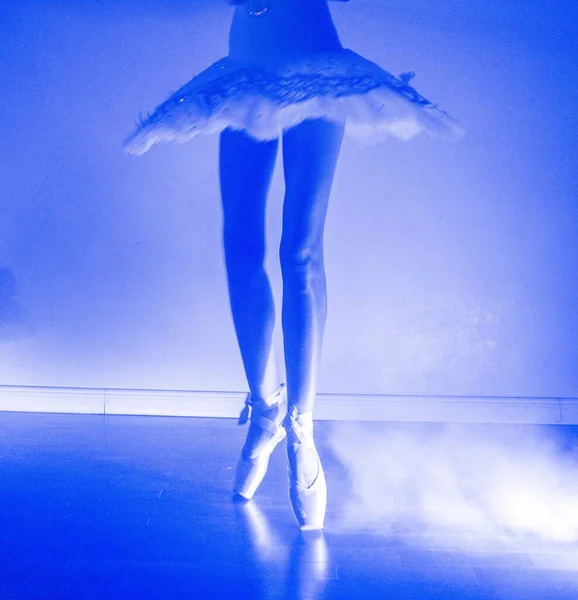 Ballerina Met Lange Benen Poserend Blauw Licht — Stockfoto